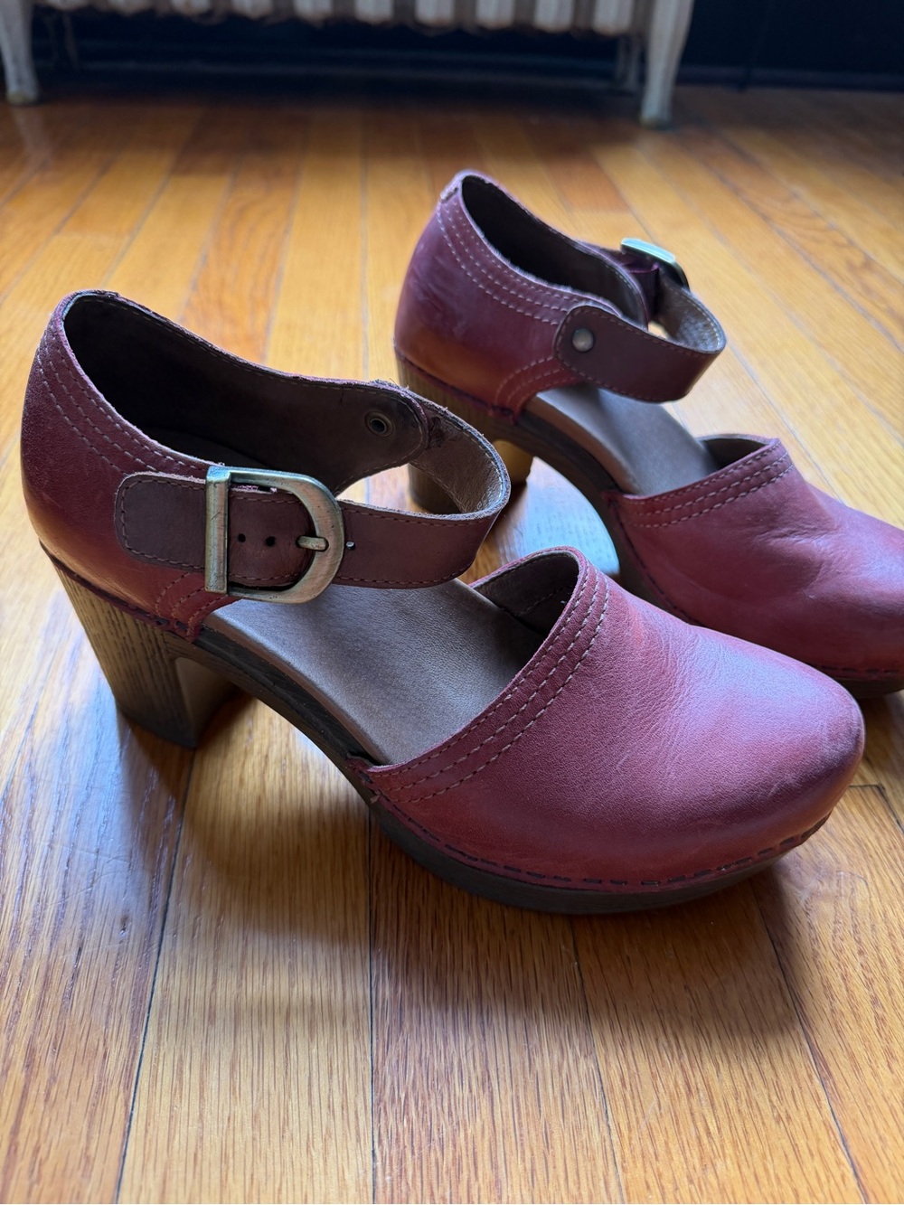Dansko Burgundy Leather Mary Jane Clogs with Buckle Strap